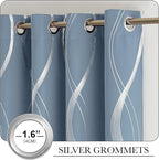 NICETOWN Vintage Blue Foil Print 90 inch Long Curtains for Elegant Home Decoration, Wave Silver Line Design Drapes Light Filtering, W52 x L90, 2 Panels