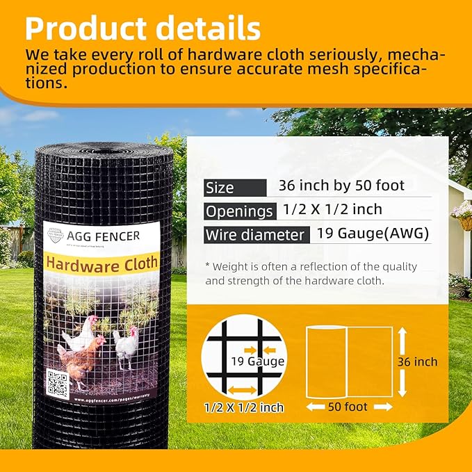 36in x 50ft Black Hardware Cloth 1/2 inch 19Ga PVC Coated Wire Mesh Vinyl Coated Fence, Welded Metal Chicken Wire Fencing Roll, Garden Plant Fencing, for Chicken Coop and Home Improvement