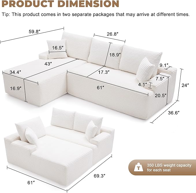 Cloud Sectional Sofa, Boneless Couch for Living Room, Modular Sectional Sofa with Deep Seat, Fluffy Comfy Couch with L-Shaped Chaise, No Assembly Required, Beige