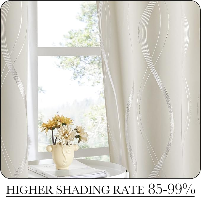 NICETOWN Blackout Curtains Panels for Bedroom, Beige, 2 Panels, 42 x 72 Inch, Microfiber Noise Reducing Thermal Insulated Wave Line Foil Print Design Blackout Curtains for Patio Sliding Glass Door