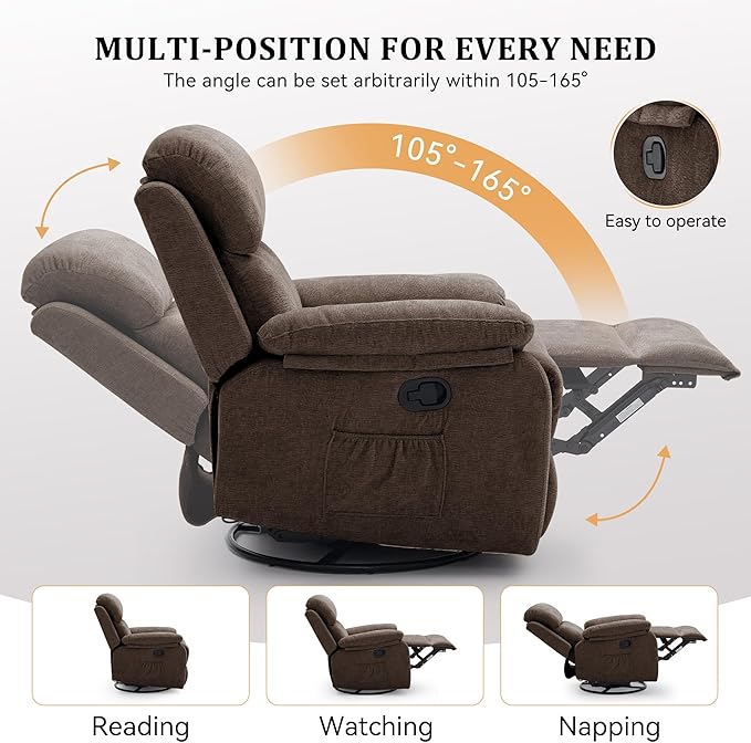 Recliner Chair, 360 Swivel Rocker Chair for Adults, Small Rocking Recliner Chair for Small Spaces, Upholstered Chenille Fabric Glider Recliner Nursery Chair with Side Pockets for Living Room