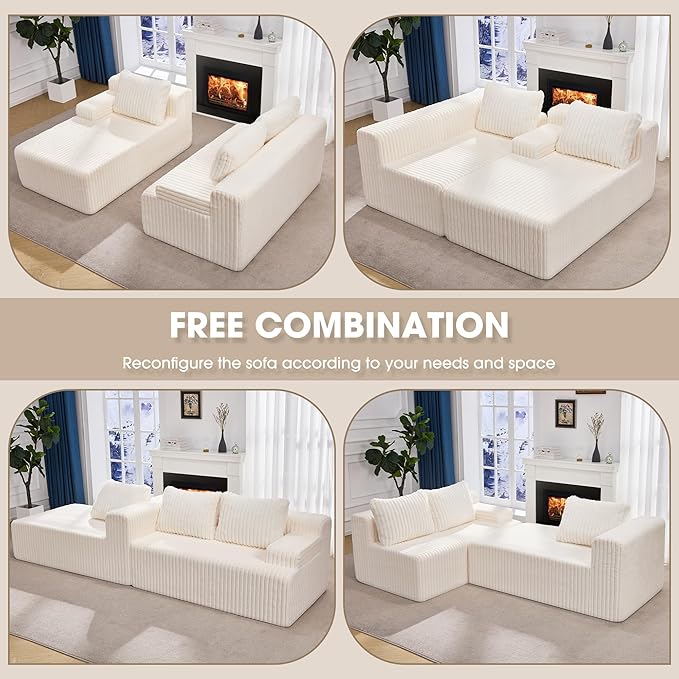 Modular Sectional Sofa Couches L-Shape Couch 3 Seat Modular Sofa Memory Foam Sectional Couches for Living Room, Cloud Couch with Oversized Chaise (White Stripe, 96" Left Facing Chaise)
