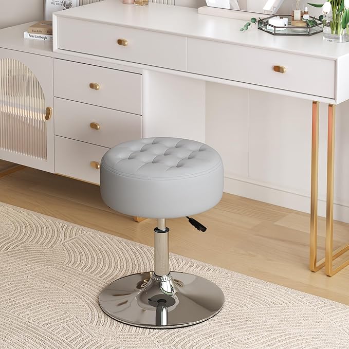 Furniliving Mid-Century Velvet Tufted Adjustable Swivel Makeup Ottoman Stool; Modern Big Size Round Vanity Stool Chair for Bedroom Living Room (LightGrey)
