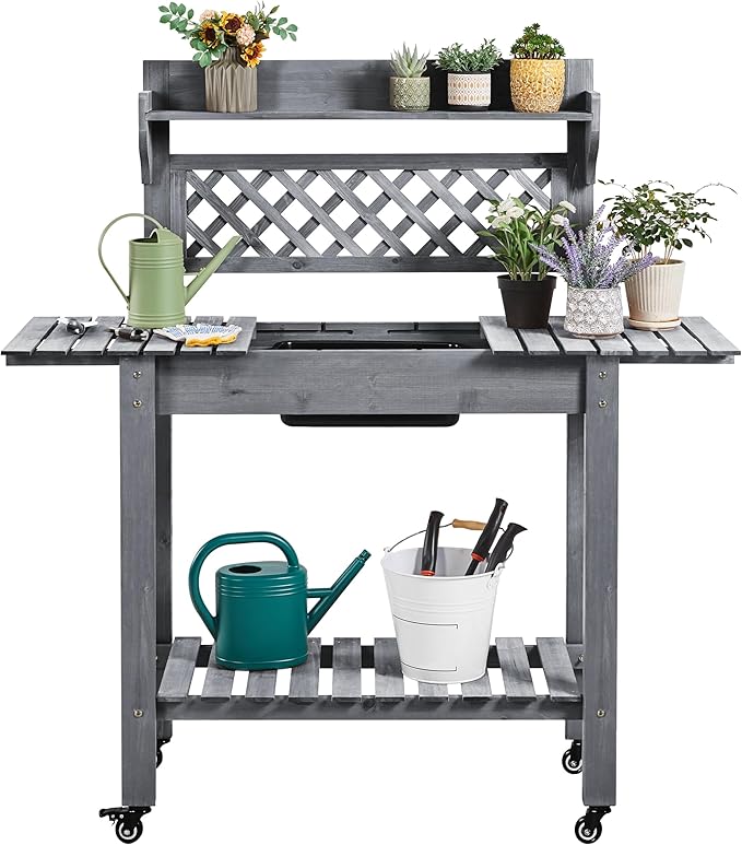 Yaheetech Potting Bench Table Outdoor Garden Potting Table Wooden Workstation w/Sliding Tabletop Removable Sink w/Storage Shelf Flower Pot Bench Mobile Garden Potting Bench Gray