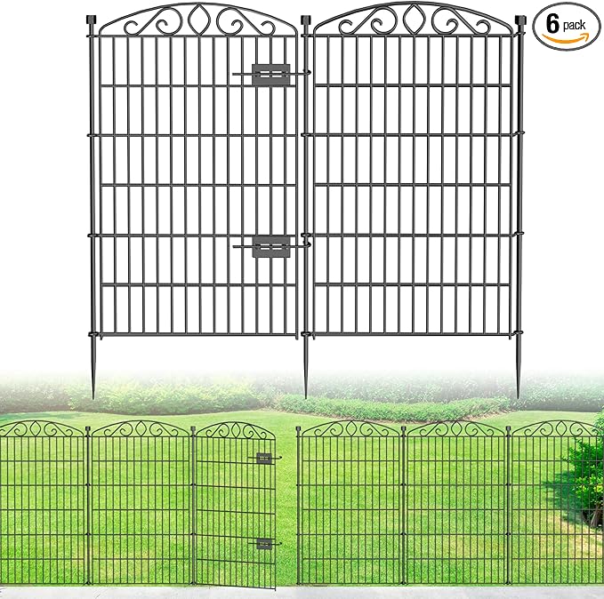 12 Panel No Dig Decorative Garden Fence with Gate - 42in H x 26.5 ft L, Tall Animal Barrier for Dogs Rabbits, Rustproof Metal Wire Panels for Yard, Patio, and Outdoor Border Use