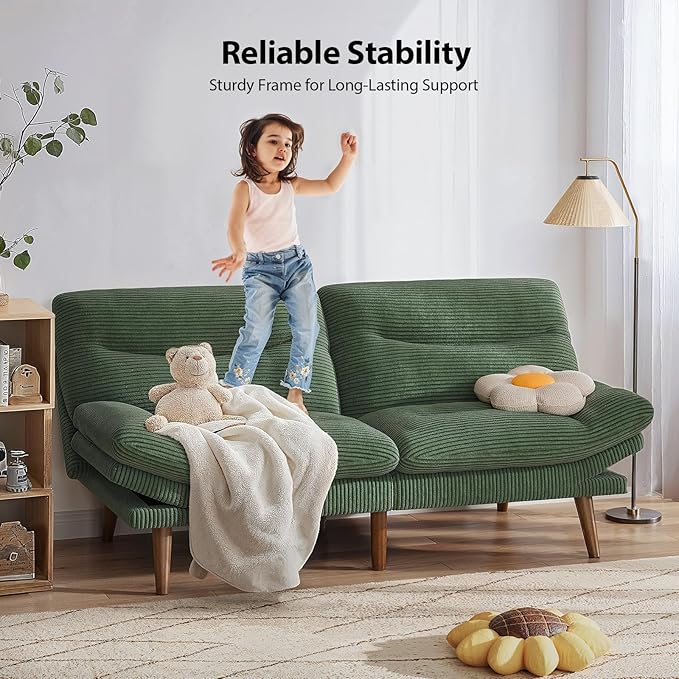 Pipishell Futon Sofa Bed, 66 Inch Corduroy Futon Couch Convertible with Adjustable Backrest and Armrests, Recliner Sleeper Sofa for Small Spaces, Living Room, Office, Guest Room (Green, 66 Inch)