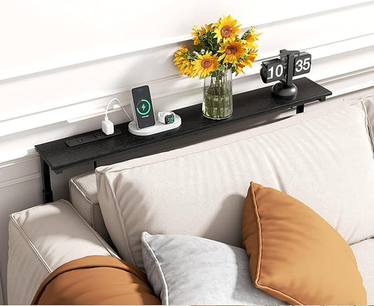 GRLEAF 45" Adjustable Height Narrow Console Table with Power Outlets, Long Sofa Table with Charging Station Behind Couch Table Skinny Entryway Table for Living Room, Hallway and Office – Black
