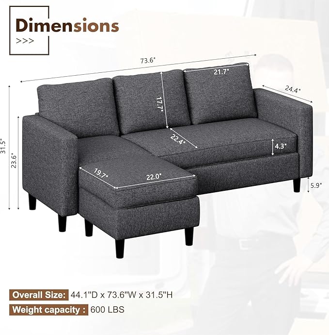 JAMFLY 73.6" Modular Sectional Sofa with Ottoman for Small Apartments, Reversible L-Shaped Couch for Compact Living Rooms, Linen Fabric 3-Seater Set for Studio & Office Nap, Black