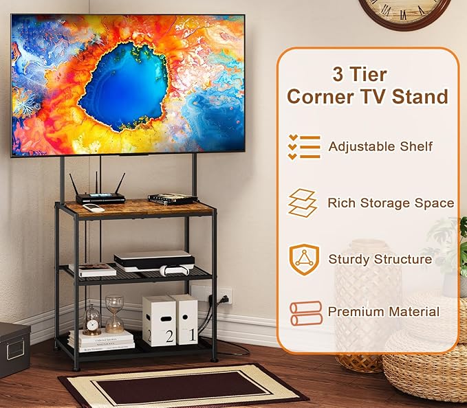 23 Inch to 50 Inch Floor Small Corner TV Stand with Storage Shelves for Living Room Bedroom, Universal Floor Television Stands with Mount, Rustic Brown Corner TV Table Desk Shelf for Small Space
