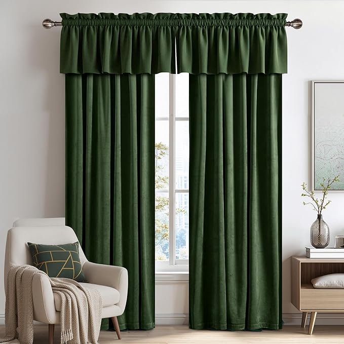 NICETOWN Velvet Cafe Windows Valance, Olive Green Window Treatment for Kitchen, Privacy Protection Home Decoration for Living Room, W42 x L18, 1 Panel