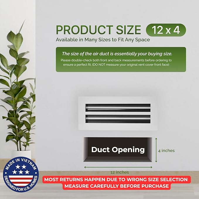 Modern Air Vent Cover 12x4 (Duct Opening) - Decorative White Aluminum Linear Slot Diffuser for Wall, Ceiling, Floor Register - Quiet Operation HVAC Grille for Home with Adjustable Airflow