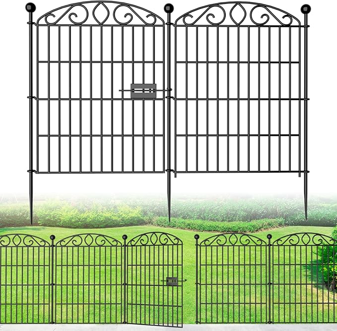 Garden Fence 12 Panel with Gate - 30in H x 23.6ft L, No Dig Rustproof Metal Tall Animal Barrier for Dogs Rabbits, Decorative Outdoor Border for Yard, Patio, and Flower Beds