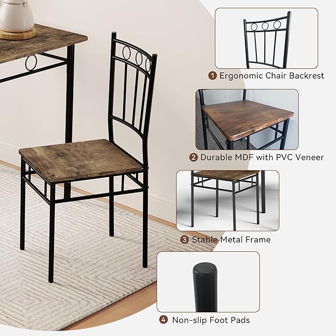Vipbear 5-Piece Kitchen Table Set,Kitchen Dining Table Set for 4, Dining Room Table Sets with 4 Chairs,Rectangular Kitchen Table Set for Small Space, Dinette,Apartment, Classic Brown