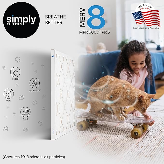 Simply 17x20x1 Air Filter, Merv 8, 6 Pack, For Home AC Furnace & HVAC (Actual Size: 16.75"x19.75"x0.75") DUST, Pet, & Allergy Control
