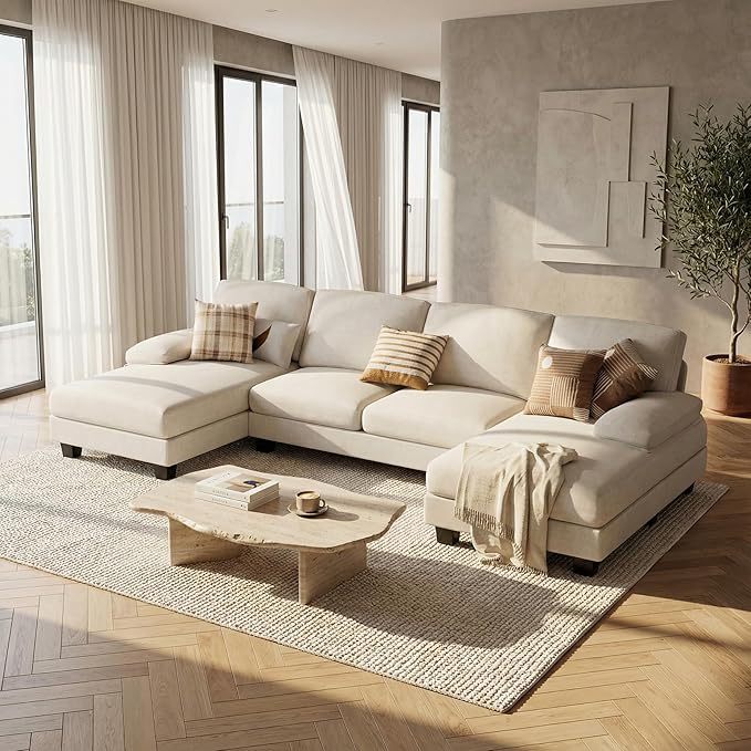 Homall Sectional U Shaped Sofa Couches for Living Room, Comfy Chenille 4 Seat Sofa Set with Removable Pillows, Lounge Chaise Upholstered Couch for for Apartment (Chenille, White)