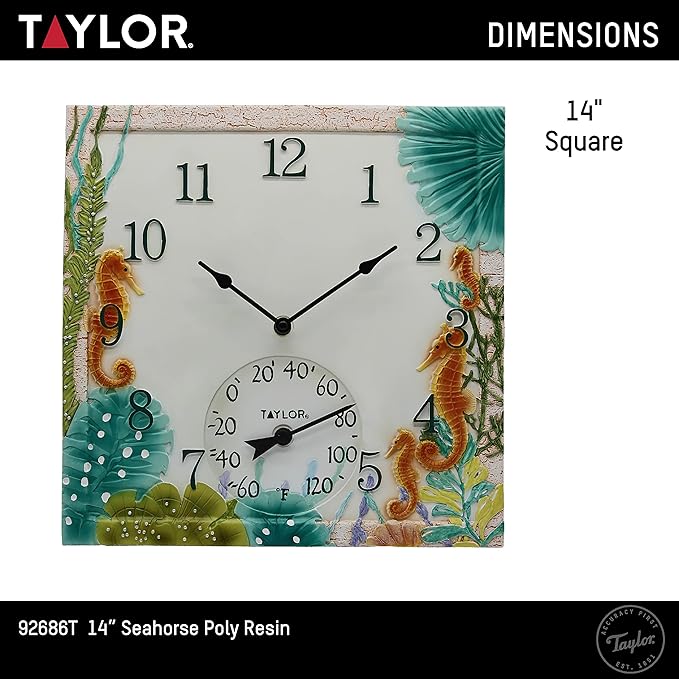 Taylor Seahorse Poly Resin Indoor and Outdoor Clock and Thermometer, Home Decor for Garden, Patio, Pool, and Indoor Areas, 14-inch, Multi-Color