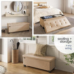 Storage Ottoman Bench with Bins, 43-in Storage Bench for Bedroom End of Bed, Folding Foot Rest Ottoman for Living Room Max 660lbs, Leather Ottomans, Taupe