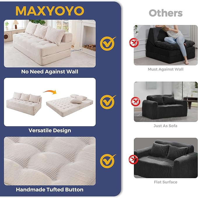 MAXYOYO Folding Sofa Couch, Convertible Floor Sleeper Couch with 2 Pillows, Tufted Floor Oversized Loveseat Couch Tufted Fold Out Chair Bed Comfy Sofa Lounge for Living Room Bedroom, Beige
