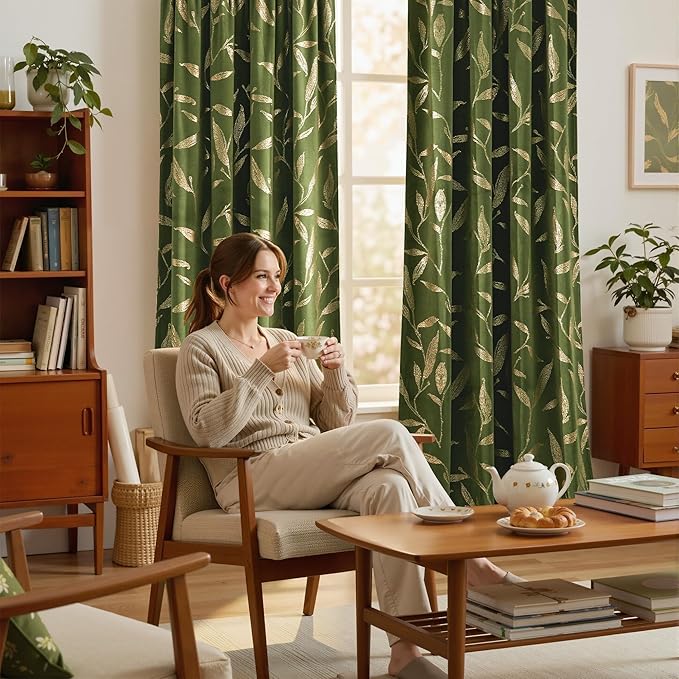 NICETOWN Leaf Patterned Green Velvet Curtains 96 inches Long 2 Panels Gold Foil Printed - Room Darkening Drapes for Living Room, Thermal Insulated Soft Luxury Home Decor for Bedroom, W50 x L96