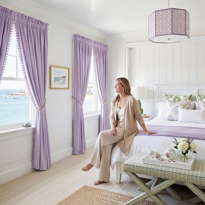 NICETOWN Lilac Purple Velvet Curtains 96 Inch Length (2 Panels) – Pom Pom Room Darkening Drapes for Nursery & Kids Room, Thermal Insulated Soft Window Treatments Whimsical Charm Decor
