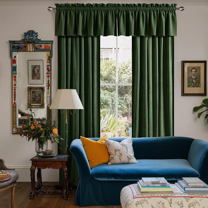 NICETOWN Velvet Cafe Windows Valance, Olive Green Window Treatment for Kitchen, Privacy Protection Home Decoration for Living Room, W52 x L18, 1 Panel