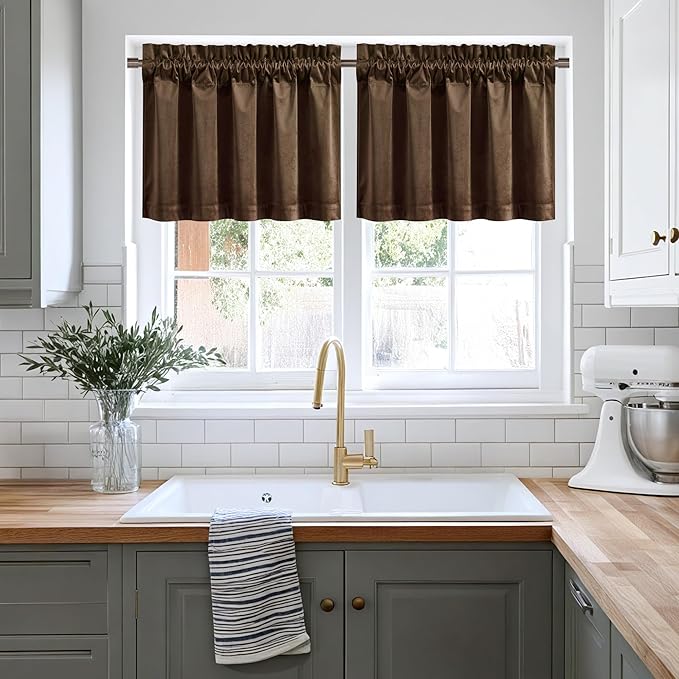 NICETOWN Brown Velvet Valance Curtains for Windows 18 inch Length, Kitchen Window Treatment Room Darkening, W52 x L18, 1 Panel