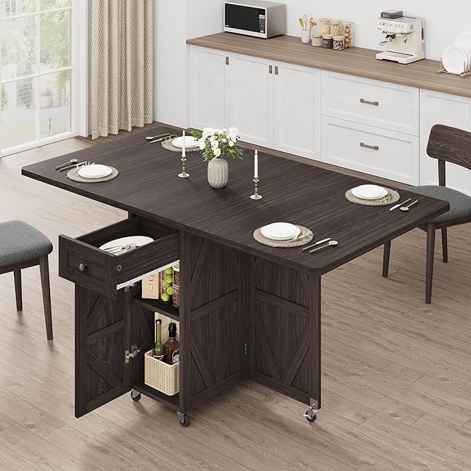 Space Saving Folding Dining Table, Farmhouse Foldable Dining Table with Drawer and 2-Layer Storage Shelf, 6 Wheels Multipose Expandable Folding Kitchen Table for Small Space (Dark Walnut)