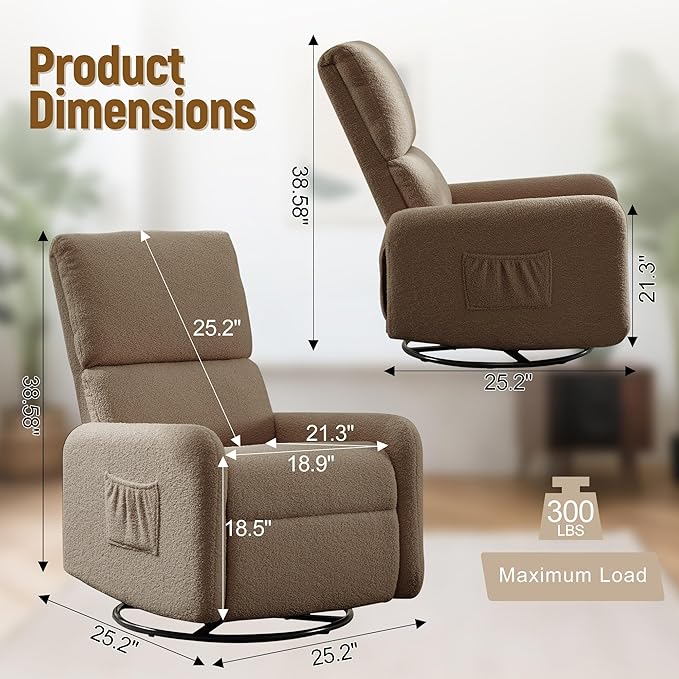 360° Rocking Chair, Nursery Rocker Chair with Side Pockets, Glider Nursing Chair with Steel Structure Base, Small Chair for Small Spaces, Sherpa Swivel Accent Chairs for Living Room, Nursing