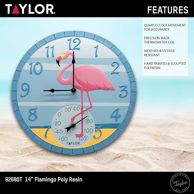 Taylor Flamingo Poly Resin Indoor and Outdoor Clock and Thermometer, Wireless Thermometer with Easy to Read Large Numbers for Patio, Pool, and Indoor Areas, 14-inch, Multi-Color