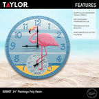 Taylor Flamingo Poly Resin Indoor and Outdoor Clock and Thermometer, Wireless Thermometer with Easy to Read Large Numbers for Patio, Pool, and Indoor Areas, 14-inch, Multi-Color