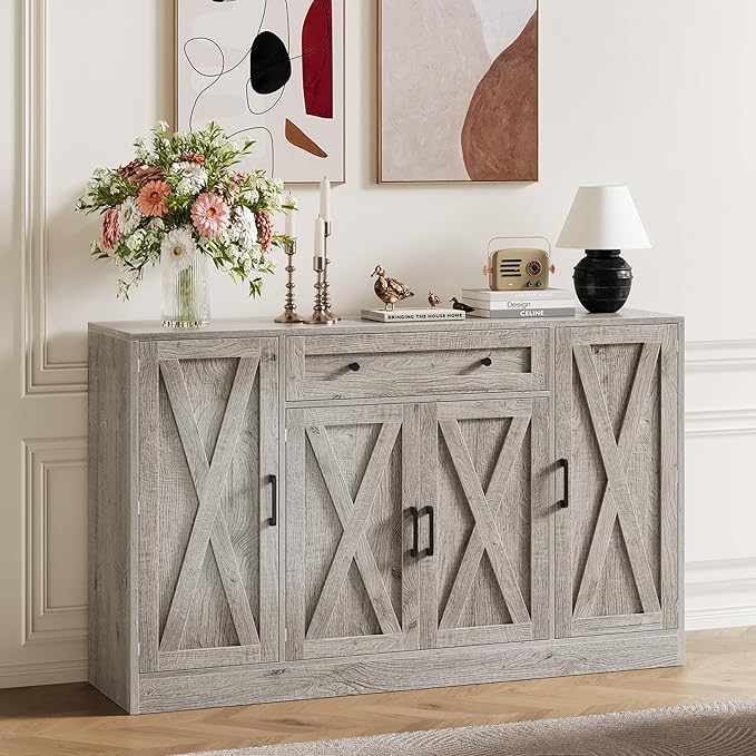 Buffet Cabinet with Storage, 55" Large Sideboard Storage Cabinet with Drawer, 4 Doors and Shelves, Modern Farmhouse Coffee Bar Table Kitchen Island Credenza for Kitchen, Entryway, Dining, Living Room