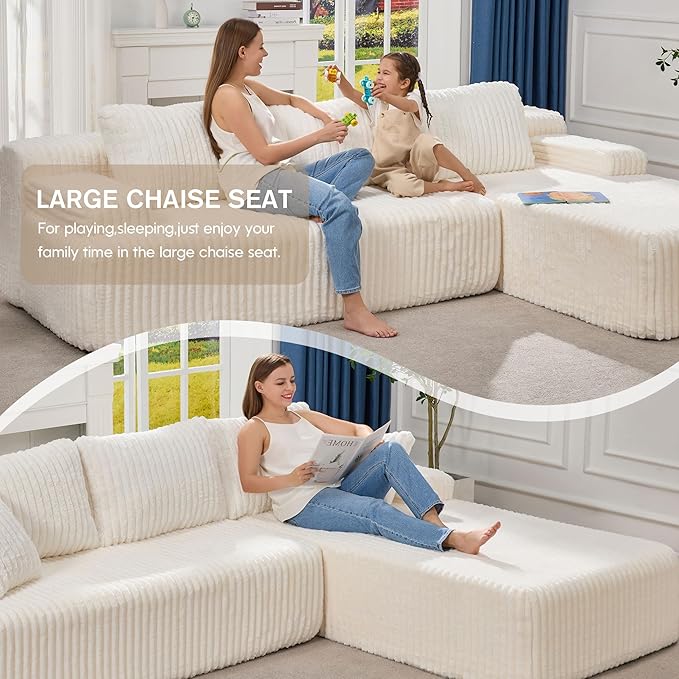 Modular Sectional Sofa Couches L-Shape Couch 3 Seat Modular Sofa Memory Foam Sectional Couches for Living Room, Cloud Couch with Oversized Chaise (White Stripe, 108" Right Facing Chaise)
