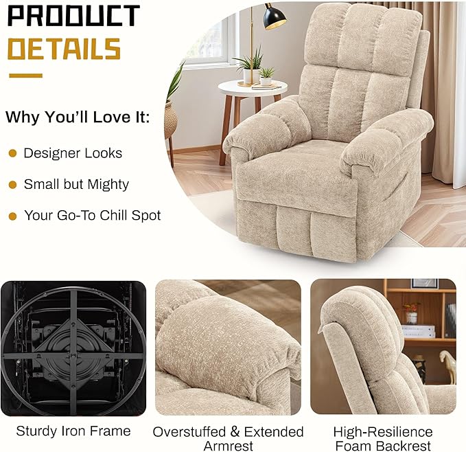 Recliner Chair, Swivel Rocker Recliner Chair for Adults, Small Recliners for Small Spaces, Manual Recliner with Side Pockets, Upholstered Nursery Rocking Chair for Living Room, Chenille, Khaki