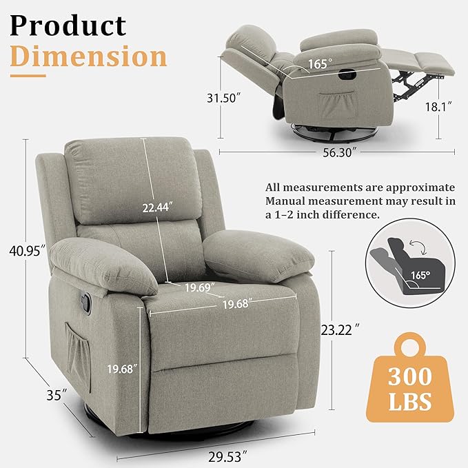 Recliner Chair, 360 Swivel Rocker Chair for Adults, Small Rocking Recliner for Small Spaces, Upholstered Fabric Glider Recliner Nursery (Swivel Rocker Recliner, Light Khaki)