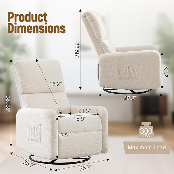 360° Rocking Chair, Nursery Rocker Chair with Side Pockets, Glider Nursing Chair with Steel Structure Base, Small Chair for Small Spaces, Sherpa Swivel Accent Chairs for Living Room, Nursing