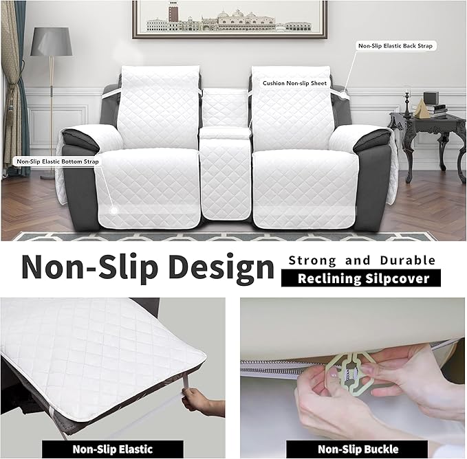 Easy-Going Loveseat Recliner Cover with Console, Reversible Couch Cover for Living Room, Split Sofa Cover for Each Seat with Elastic Straps for Dogs, Pets(2 Seater, White/White)
