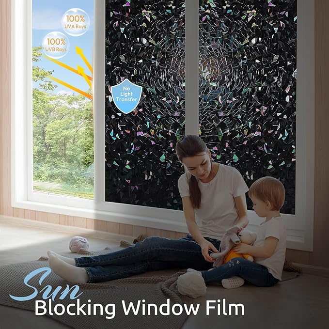 rabbitgoo Window Privacy Film Rainbow Film Decorative Window Sticker, 3D Static Stained Glass Cling Tint for Room Darkening Day Sleep, Black, 23.6 x 118.1 inches