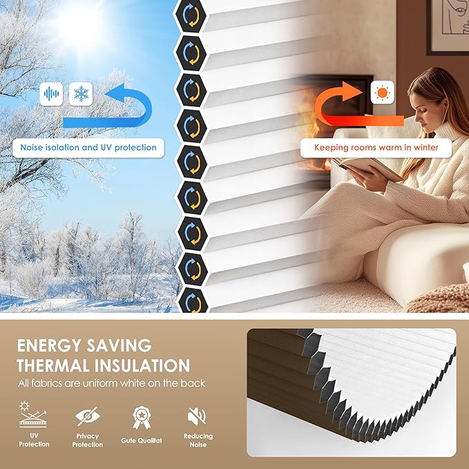 LazBlinds No Tools No Drill Cordless Cellular Shades, Blackout Light Blocking Honeycomb Shades for Home, Thermal Insulation Blinds for Windows, 33" W x 48" H, Dark Coffee