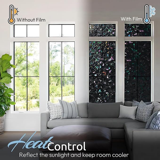 rabbitgoo Window Privacy Film Rainbow Film Decorative Window Sticker, 3D Static Stained Glass Cling Tint for Room Darkening Day Sleep, Black, 29.5 x 78.7 inches