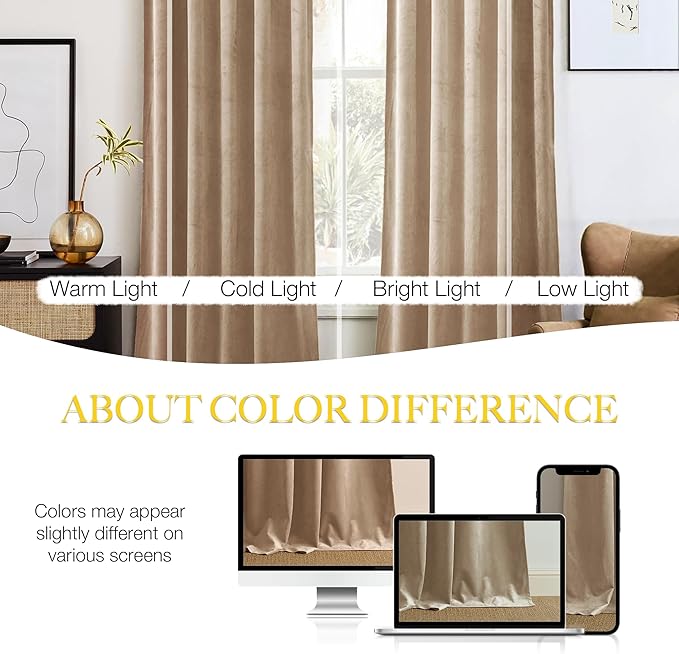 NICETOWN Beige Velvet Room Darkening Curtains, Home Decor Light Blocking Thermal Insulated Drapes for Theater and Movie Room (Set of 2, 90 inches Long)