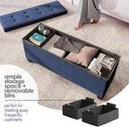Storage Ottoman Bench with Bins, 43-in Storage Bench for Bedroom End of Bed, Folding Foot Rest Ottoman for Living Room Max 660lbs, Velvet Ottomans, Blue