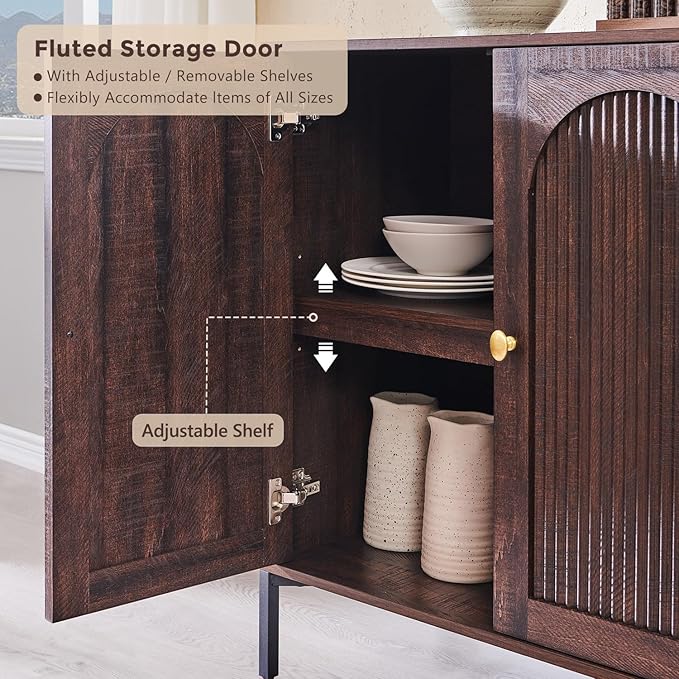 Modern Buffet Cabinet with Storage, 92.63" W Fluted Arched Sideboard Cabinet w/Adjustable Shelves, Wooden Modular Coffee Bar for Dining Room, Kitchen, Living Room, Entryway, Brown