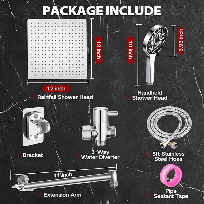 Shower Head,12”Rain Shower Head with Handheld Spray Combo and Adjustable Extension Arm/Shower System,High Pressure Rain Fall Hose,Chrome