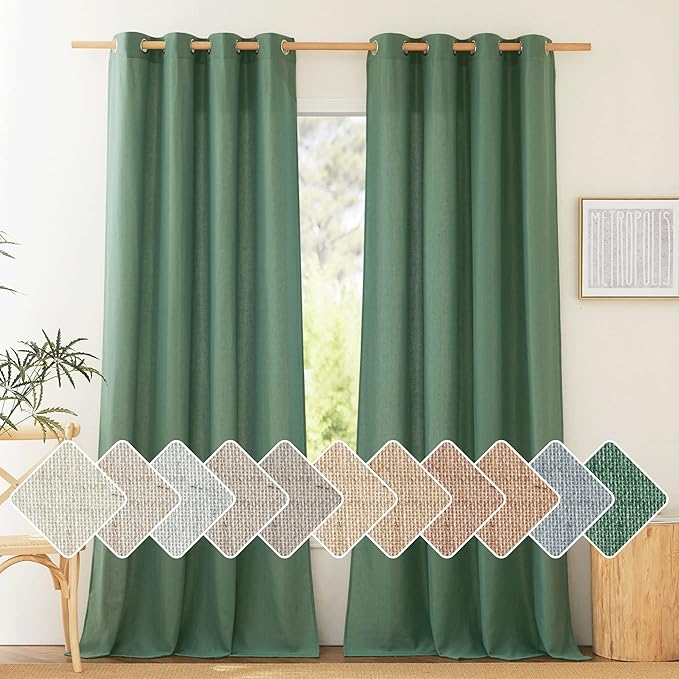 NICETOWN Thick Linen Curtains & Drapes Semi Sheer for Living Room 96 inch Length, Grommet Linen Blend Privacy with Light Filter for Home Office/Farm House, W55 x L96, Olive Green, 1 Pair