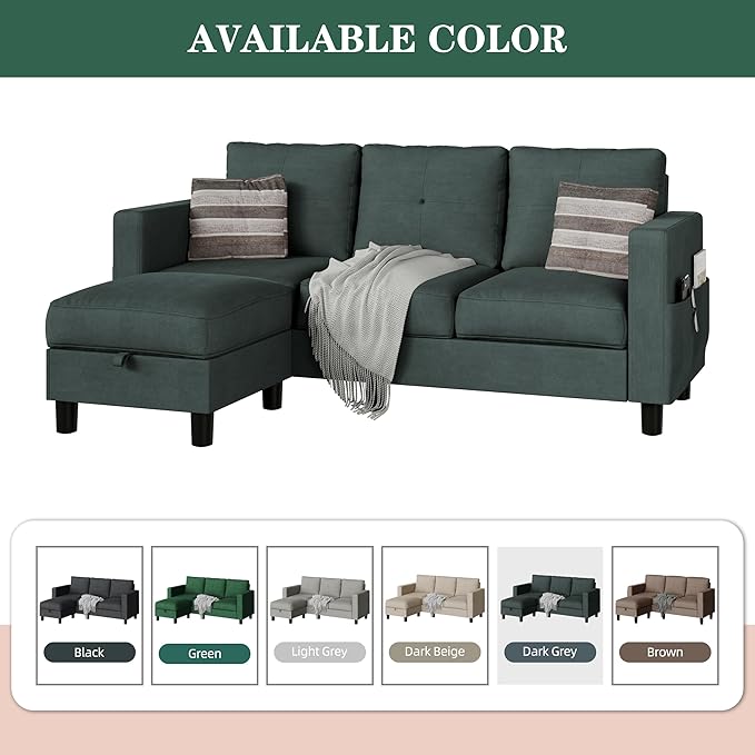 JAMFLY Convertible L-Shaped Sectional Sofa with Reversible Storage Ottoman, 3-Seat Modern Fabric Couch for Living Room, Small Space Apartment Sofa with Side Pockets & Firm Cushions, Grey Linen
