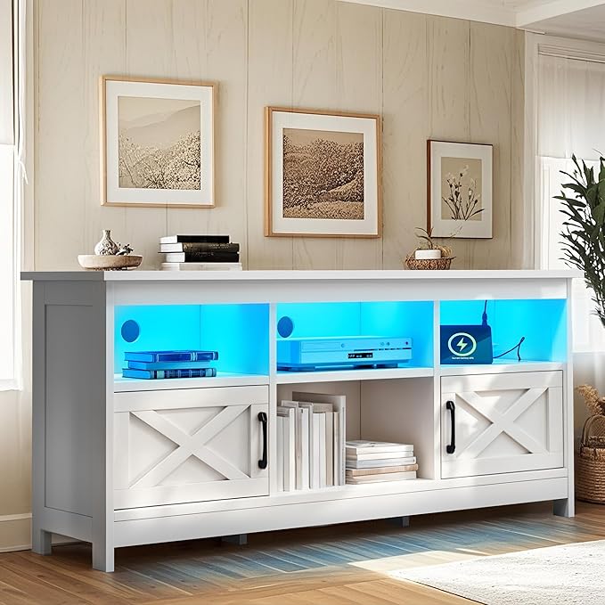 YITAHOME TV Stand for 65 Inch TVs, Entertainment Center with Storage Cabinets, Power Outlet & LED Light, Media Console Living Room Furniture, White