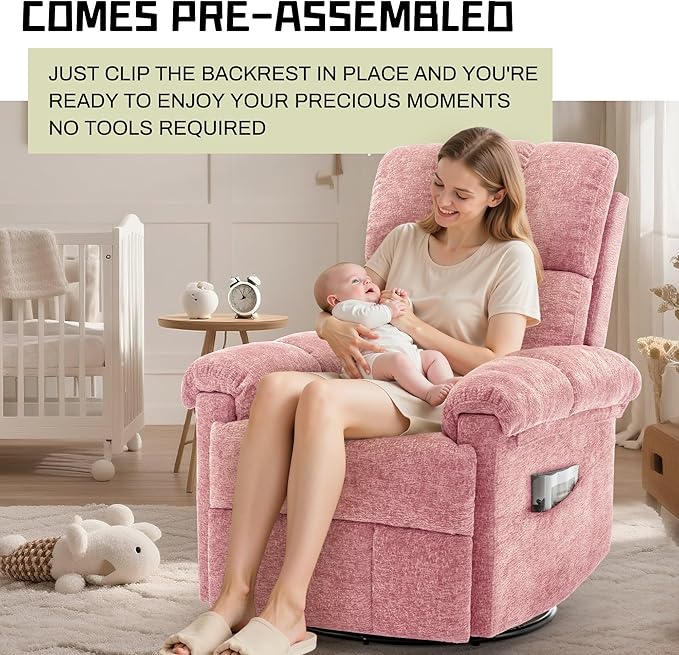 Recliner Chair, Swivel Rocker Recliner Chair for Adults, Small Recliners for Small Spaces, Manual Recliner Chair with Side Pockets, Nursery Rocking Chair for Living Room, Chenille, Rose Pink