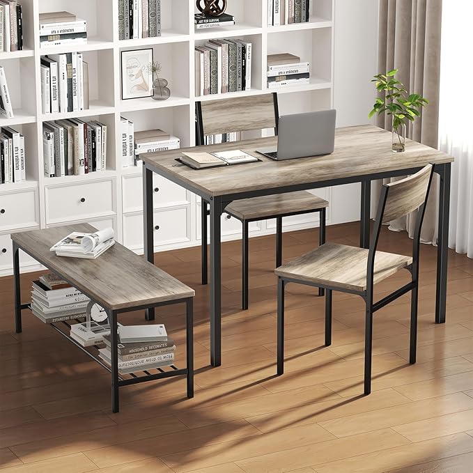 DUMOS Dining Table, Dining Table Set for 4 with Bench, Easy to Assemble Kitchen Table, Space-Saving Ideal 4-Person Set for Dining Room Kitchen Apartment Corner Grey 4 Pack