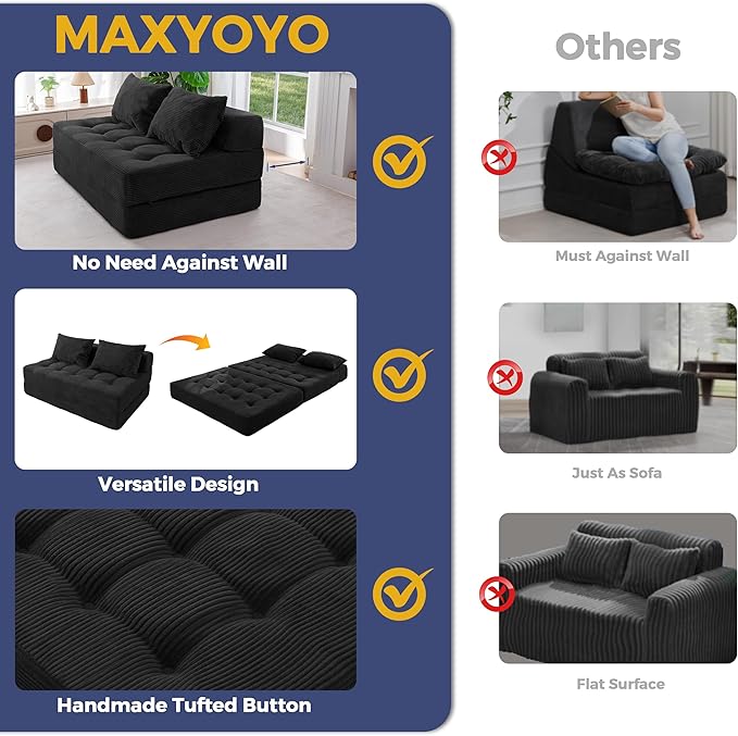 MAXYOYO Folding Sofa Couch, Convertible Floor Sleeper Couch with 2 Pillows, Tufted Floor Loveseat Couch Tufted Fold Out Chair Bed Comfy Sofa Lounge for Living Room Bedroom, Black
