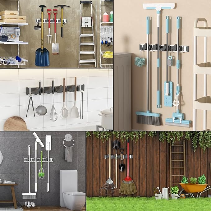 Holikme Mop Broom Holder Wall Mount Metal Pantry Organization and Storage Garden Kitchen Tool Organizer Wall Hanger for Home Goods (4 Positions with 4 Hooks, Black)